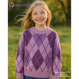 Girls Sweater Colorful Patterned Crewneck Long Sleeve Knit Pullover, Purple Argyle, 6-7Y