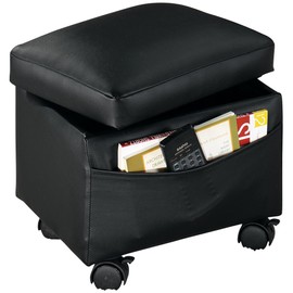 Flip Top Small Storage Ottoman, 13” L x 10” W x 12” H – Side Pocket Stores Magazines, Books & Remote Control – 4 Plastic Casters Lock in Place, Vinyl Covering Easily Wipes Clean