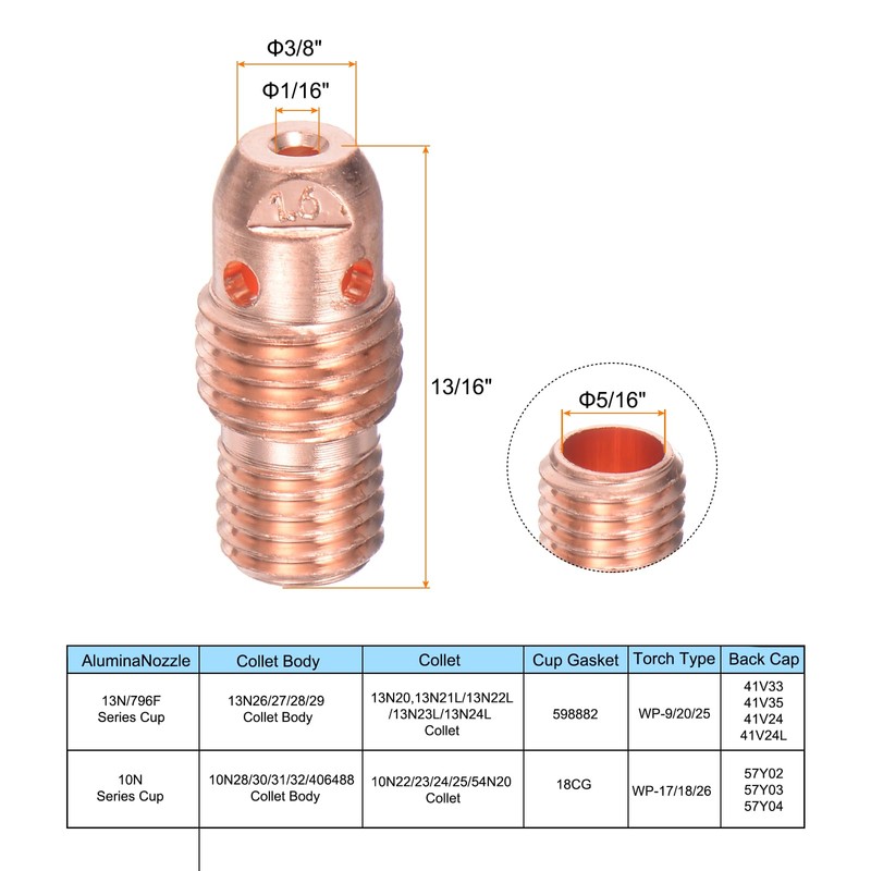 sourcing map 5Pcs TIG Welding Collet Body 13N27 (1/16") Bore