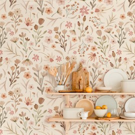 Boho Floral Wallpaper Vintage Flowers Mural Sticker Peel and Stick Retro Watercolor Wildflower Wallpaper for Waterproof Contact Paper Removable Florals Wall Paper Nursery Bedroom Mural Wall Decor