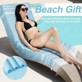 Genovega Oversized Cotton Turkish Beach Bath Towel Set 74"x38" Extra Large Sand Free Quick Dry Swim Camping Pool Clearance Towels Travel Blanket Adult Essentials Stripe Dark Blues