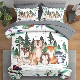 Pamnest Comforter Set Full Size, Woodland Animal Bird 7 Pcs Bedding for Kids and Adults, Fox Cute Bear Bed Sheet Sets with Fitted Sheet 2 Pillowcases & 2 Shams for Bedroom Bed Decor