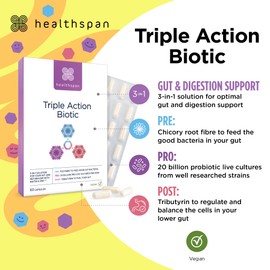 Healthspan Triple Action Biotic | Optimal Gut & Digestion Support | Pre, Pro & Post Gut Health | Chicory Root Fibre | 20 Billion Probiotic Bacteria | Plus Tributyrin | Added Biotin & Zinc | Vegan