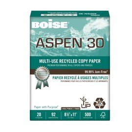 Boise® Aspen® 30 3-Hole Punched Multi-Use Print & Copy Paper, Letter Size (8 1/2" x 11"), 92 (U.S.) Brightness, 20 Lb, 30% Recycled, FSC® Certified, White, Ream of 500 Sheets