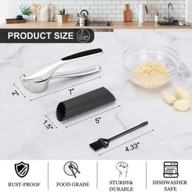 CUNSENR Garlic Press with Silicone Peeler & Brush - Garlic Mincer Tool - Easy to Use & Clean - Garlic Crusher - Rustproof Garlic Smasher - Dishwasher Safe - Press Garlic with Ease (Matt,Silver)