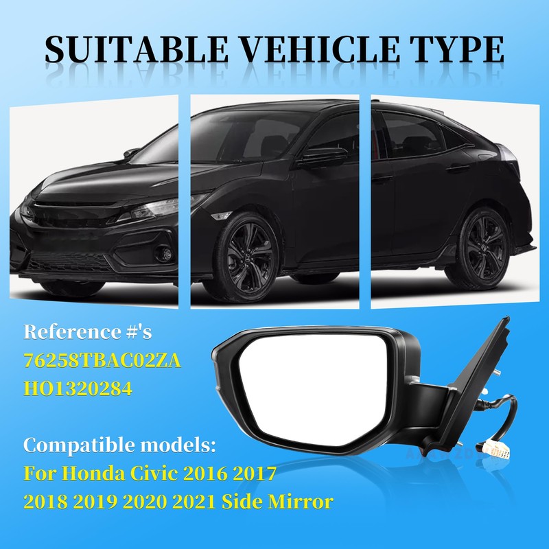 Black Left Driver Side Mirror Replacement For Honda Civic 2016-2021