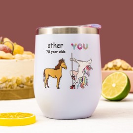 Crisky 70th Birthday Gifts for Women Friends Wine Tumbler Funny Ideas Gifts for Best Friend/Friends/Wife/Mom/Sister/Her 12oz Unicorn Vacuum Insulated Tumbler with Box, Lid, Straw