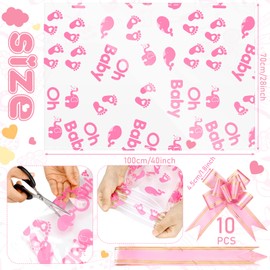 Outus 12 Pcs Extra Large Baby Shower Basket Bags with 10 Bows Ribbon 28 x 40 Inch Large Cellophane Baskets Empty Bags Jumbo Cellophane Wrap for Gift, Presents, Baby Shower(Pink)