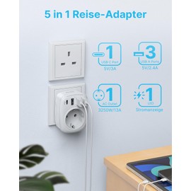 VINTAR 2PC Reiseadapter UK Adapter England Deutschland Stecker, VINTAR Steckdosenadapter Reisestecker Stromadapter mit 3 USB A und 1 USB C Anschluss, geeignet f1r Gro?britannien England Irland Malaysia, TypG