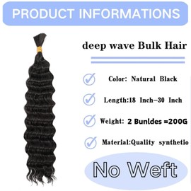 Deep Wave Bulk hair 22Inch 1Pack No Weft Deep Wave Bulk Hair for Braiding Wet and Wave Quality Synthetic Braiding Hair Extensions for Boho Braids Micro Braiding 22inch 100g Natural Color