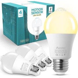 Aovpex Motion Sensor Light Bulbs Dusk to Dawn 13W Equivalent 100W 1100lm Movement Activated Security LED Light Bulb 2700K Warm White, Auto On Off for Porch Garage Basement Hallway Closet, 4 Pack