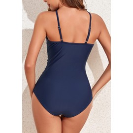 Smismivo Traje de baño con control de abdomen para mujer, traje de baño de una pieza, modesto fruncido, retro, cuello alto, push-up, Azul marino, L