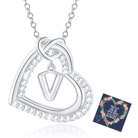 Esmoly Women's Silver Necklace Women's Cubic Zirconia Heart Pendant Chain with Letters A-Z Necklace Women's Gifts for Women Girlfriend 17.2 + 2 Inches, Copper, Cubic Zirconia