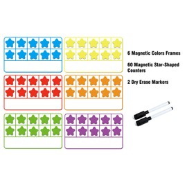 ZazzyKid Magnetic Ten-Frame Set: Math Manipulatives for Classroom Learning Counting Games for Kindergarten Kids - 6 Frames & 60 Star-Shaped Counters - Hands-on or Stick to Whiteboards