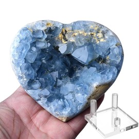FZBHRO Extra Large Blue Celestite Geode Heart Healing Crystal Stone Collection Mineral Specimen with Stand Home Office Decor 2.6-3.0 Pound