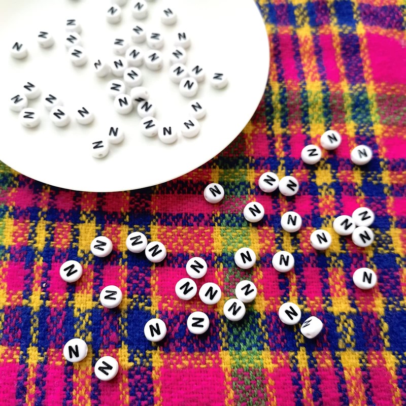 Amaney Letter Beads N 100pcs 7x4mm White Round Acrylic Black