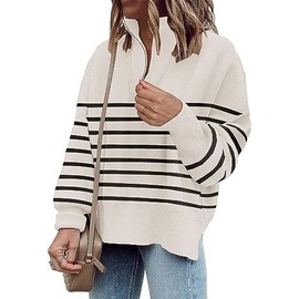 Womens Oversized Tunic Sweaters 1/4 Zipper Neck Knit Tops Casual Sweatshirt Pullover Stripes Sweater Side Split