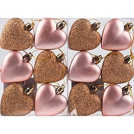 BWG Set Of 12 x Love Heart Christmas Tree Baubles - ROSE GOLD