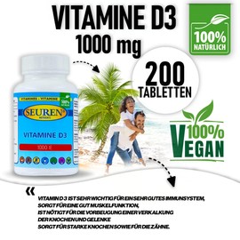Seuren Nutrients Vitamin D3 1000 I, 200 tablets, high dose, for bones, teeth and immune system, annual supply
