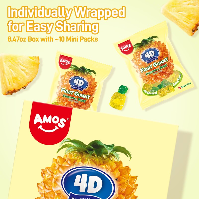 AMOS 4D Fruit Gummy Candy, Pineapple Burst, 8.47 oz Box