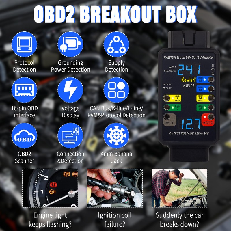 Professional OBD2 Breakout Box with LED Indicator, 16-Pin Diagnostic Tool
