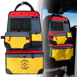 Living in a Bubble Seat back Organizer – Magnetic Toiletry and Cooler Pouch, Cordura Car Backseat Storage with Device Holder & Hooks, Multi-Compartment Utility Bag for Campervans & Family Travel
