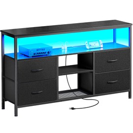 Huuger 47 Inch TV Stand Dresser with Power Outlets and LED Lights, 4 Drawers Entertainment Center with Open Shelf, Media Console for 55 50 Inch TV, Dresser with PU Finish, Black