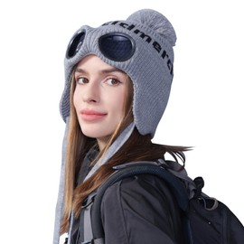 AYPOW Winter Thermal Knit Hat with Earwarmer Detachable Goggles, Women Fashionable Windproof Skiing Hiking Cycling Chunky Beanie Hat, Soft Fleece Lining Warm Cap Bobble Hat for Winter Outdoor Sports