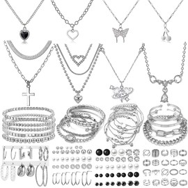 IFNODO 92 PCS Silver Plated Jewelry Set with 8 PCS Necklace, 19 PCS Bracelet, 44 PCS Stud Hoop Earring, 21 Pcs Knuckle Rings for Women Valentine Anniversary Friendship Gift