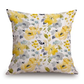 TSSOHU Throw Pillow Cover Black Floral Watercolor Bright Summer Pattern Yellow and Blue Abstract Flowers Gray Simple Botanica Home Decor Pillowcase for Sofa 18x18 Inches