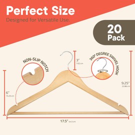 Natural Wooden Hangers 20 Pack – Heavy-Duty with 360° Swivel Hook, Non-Slip, Pants Bar & Shoulder Grooves - Wooden Hangers for Suits, Jackets, Dresses & Camisoles, Space-Saving and Smooth Finish