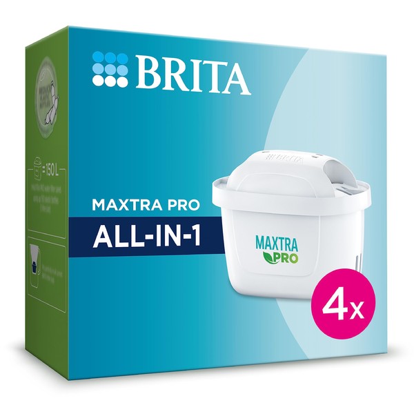 BRITA MAXTRA PRO All-in-1 Water Filter Cartridge 4 Pack - Original BRITA refill reducing impurities, chlorine, pesticides and limescale for tap water with better taste
