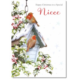 doodlecards Niece Christmas Card Two Robins in Snow Medium Size Christmas Card for Niece with Plain Envelope
