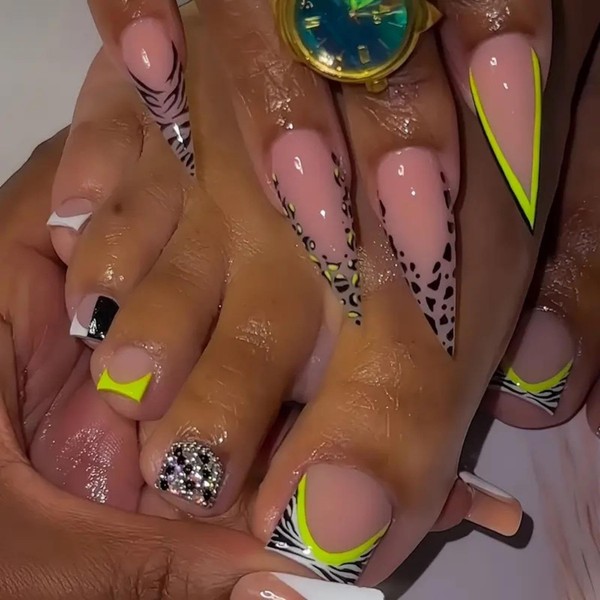 Leopard French Tips Press on Nails Long Almond Fake Nails