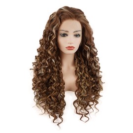 Meiyite Hair Curly Long 26inch Dark Brown and Blonde Mix Heavy Density Half Hand Tied Realistic Synthetic Lace Front Wigs