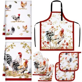 Bencailor 6 Pcs Kitchen Towels Oven Mitt and Pot Holder Apron Mushroom Sunflower Rooster Kitchen Decor Valentine Party Gifts(Rooster)
