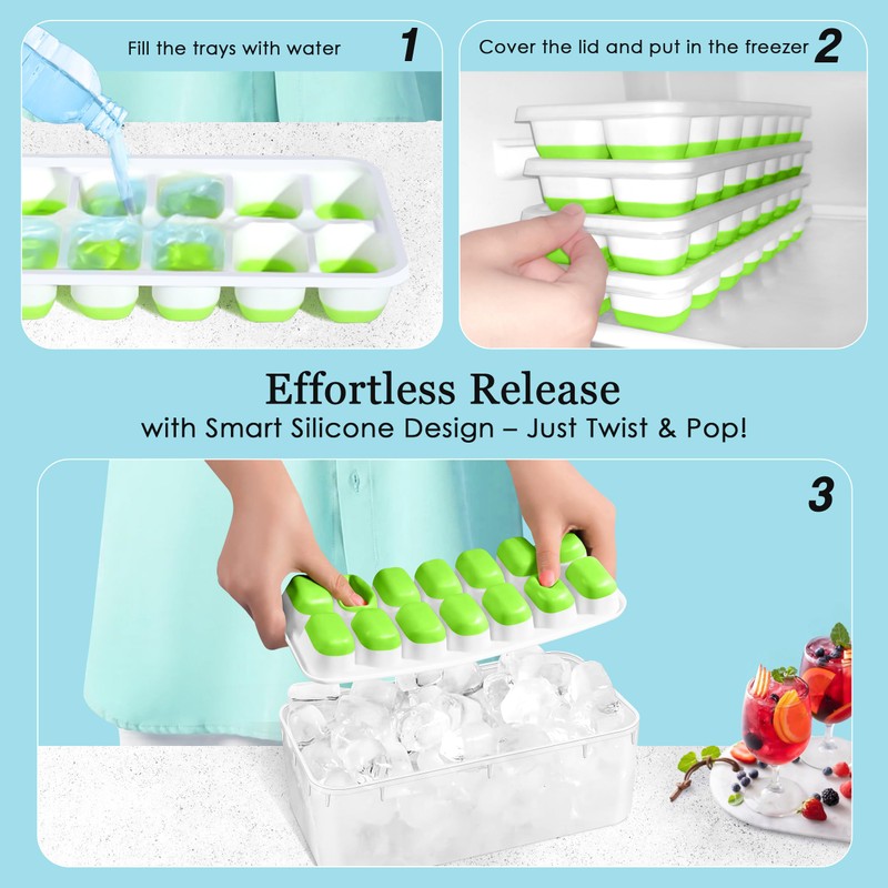 Ice Cube Tray with Lid and Bin, 4 Pack Premium