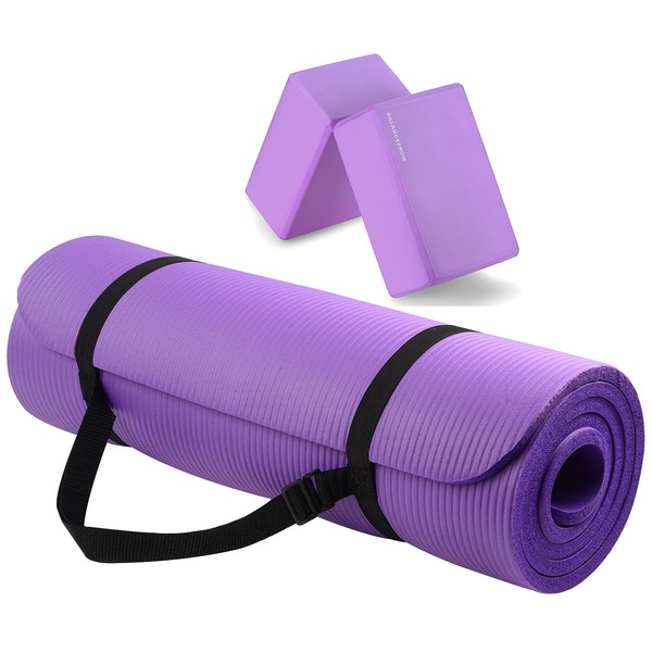 BalanceFrom All Purpose 1/2-Inch Extra Thick High Density Anti-Tear Exercise Yoga Mat with Carrying Strap and Yoga Blocks, Purple