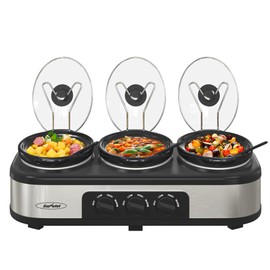 Sunvivi Triple Slow Cooker Buffet Server with 10 Cooking Liners, Adjustable Temperature Settings, for Parties, Holidays and Entertaining, Dishwasher Safe, 3 * 1.5 Quarts Silver