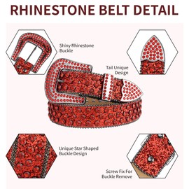 MUKINGBELTS Western Plastic Buckle Rhinestone Belt for Men & Women – Bling Crystal Studded Cowboy Leather Belt, ShinnyRed (Fits Waist 34-36")