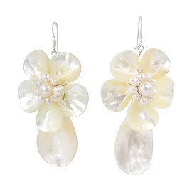 Aeravida Unique Mother of Pearl & Cultured Freshwater Pearl Flower .925 Sterling Silver Dangle Earrings | Classic Sterling Silver Dangle Earring for women | Anniversary Boho Jewelry | Gift for Women
