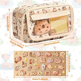 Capybara Pencil Case Multi-Layer School Set with Keychain, Stickers, Brooch, Sticky Notes - Removable 2-in-1 Design, Large Capacity, Stylish Gift for Students & Office