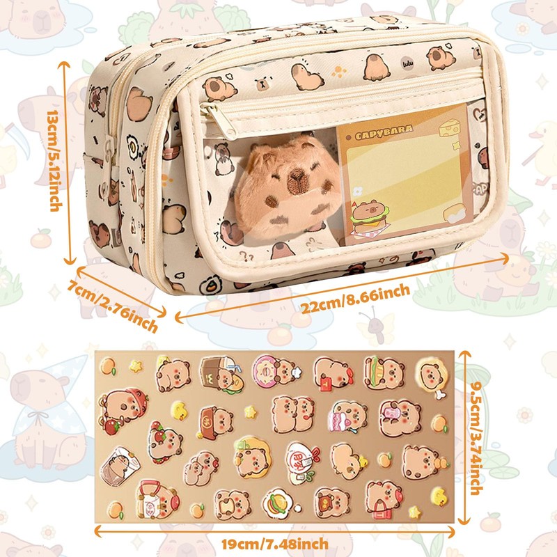 Capybara Pencil Case Multi-Layer School Set with Keychain, Stickers, Brooch,