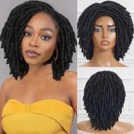 Dreadlock Wig For Black Women And Men Short Afro Twist Faux Locs Braided Wigs Glueless Synthetic Afro Curly Wigs (Black, 12 Inch)