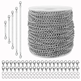 55ft Silver Stainless Steel Curb Chain for Jewelry Making,Twisted Link Chains with Spool for Necklace Bracelet,100 Pcs Jump Rings and Lobster Clasps DIY Supplies for Dog Tag,Keychain(2.8x2.2x0.6mm)