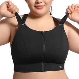 VFUS High Impact Sports Bras for Women Adjustable Zip Front Plus Size Workout Bra Full Coverage Removable Padded Running (X-Large Plus, Black)