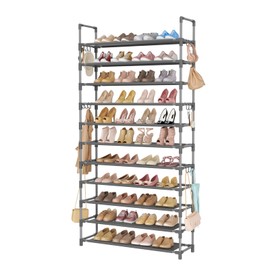 LANTEFUL 11 Tiers Tall Shoe Rack Holds 55 Pairs of Shoes with 18pcs Hooks Sturdy Wide Shoe Organizer Storage Free Standing Metal Shoe Shelf for Closet, Entryway Grey