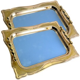 Maro Megastore (Pack of 2) 14.2 Inch x 10.2 Inch Rectangular Iron Gold Plated Serving Tray with Handles Pearl Floral Shape Edge Blue Decor Sticker Dessert Party Wine Candle Platter Plate CC-374