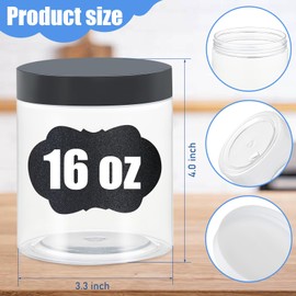 Crazystorey Plastic Jars with Lids, 16 oz Plastic Containers with Lids Clear Airtight Container Storage Jar Mason Jars for Dry Food Peanut Butter Honey Jam Cosmetics, Pack of 16 (16 PCS Black Lids)