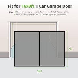 Garage Door Screen for 1 Car, 2 Car Garage, Magnetic Closure Heavy Duty Weighted Bottom Fiberglass Mesh Keep Annoying Animal Out (Black, 16 ft x 9 ft)